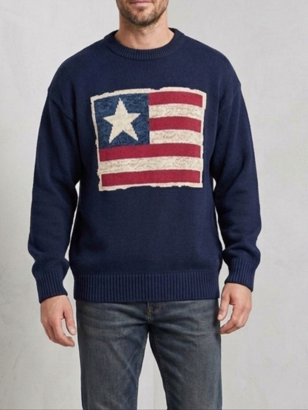 Vtg Cotton Traders American Flag Sweater Heavy Knit Navy Blue Star Mens Large